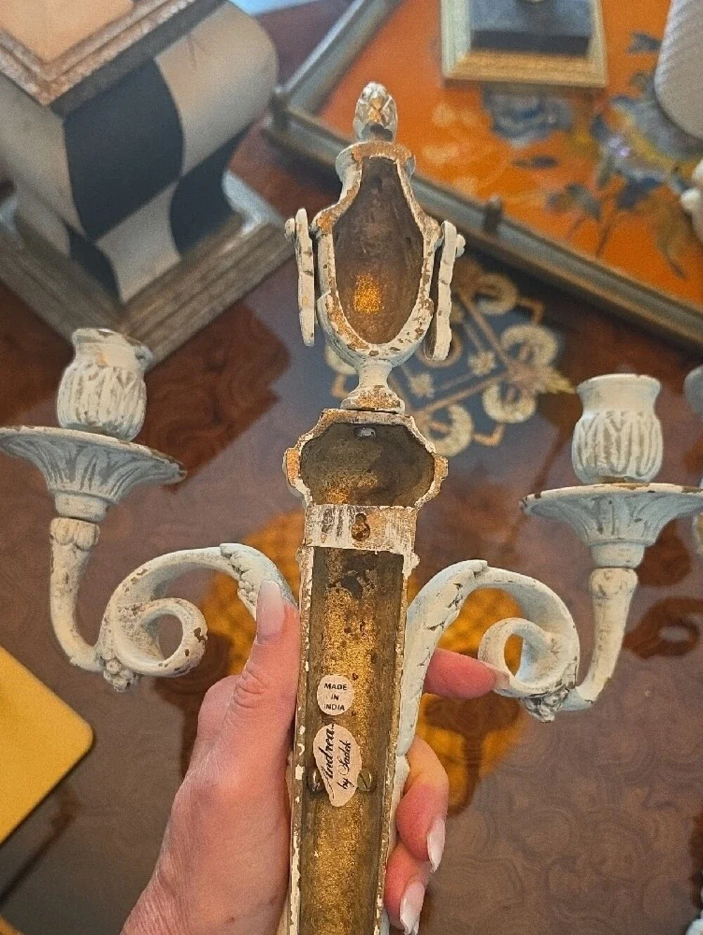 Vintage Andrea By Sadek White Distressed Ornate Wall Hook Sconces